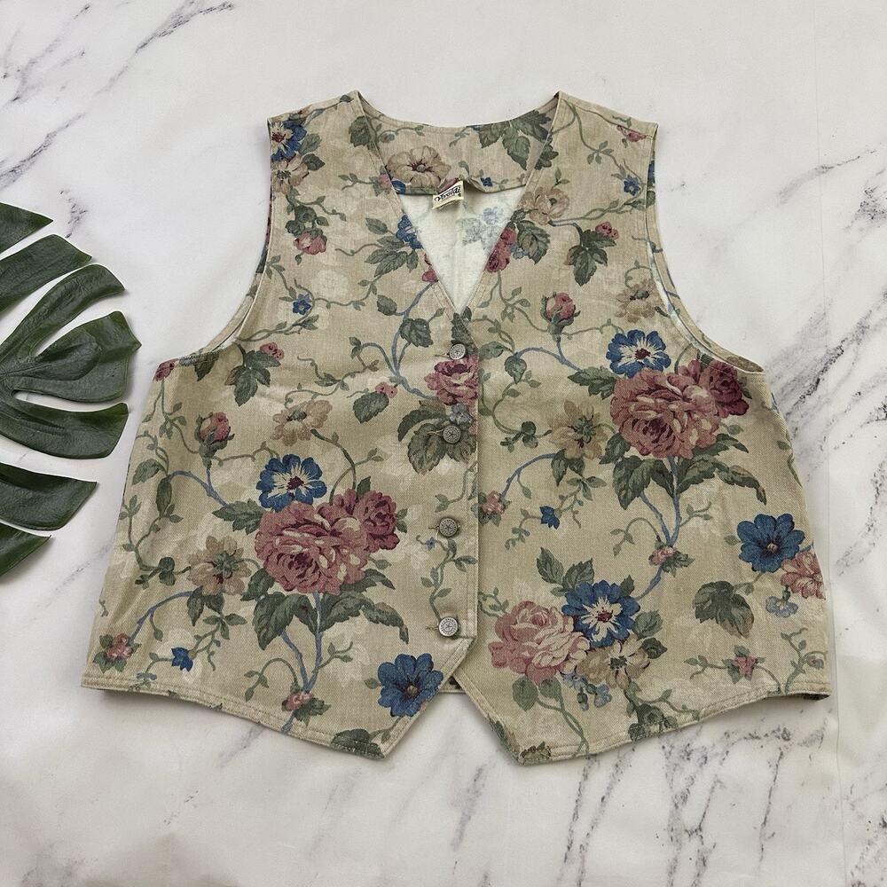 Vivaldi Womens Vintage 90s Denim Vest Size L Cream Pink Floral Cottage Country